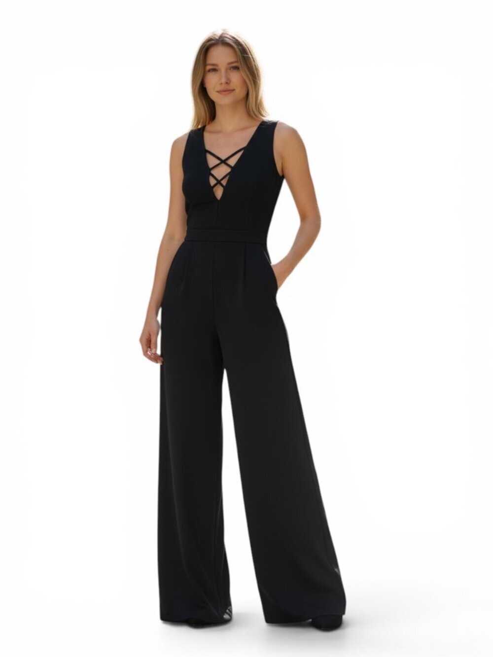 EUC Ramy Brook Black Lattice Plunge Wide Leg Jumpsuit S